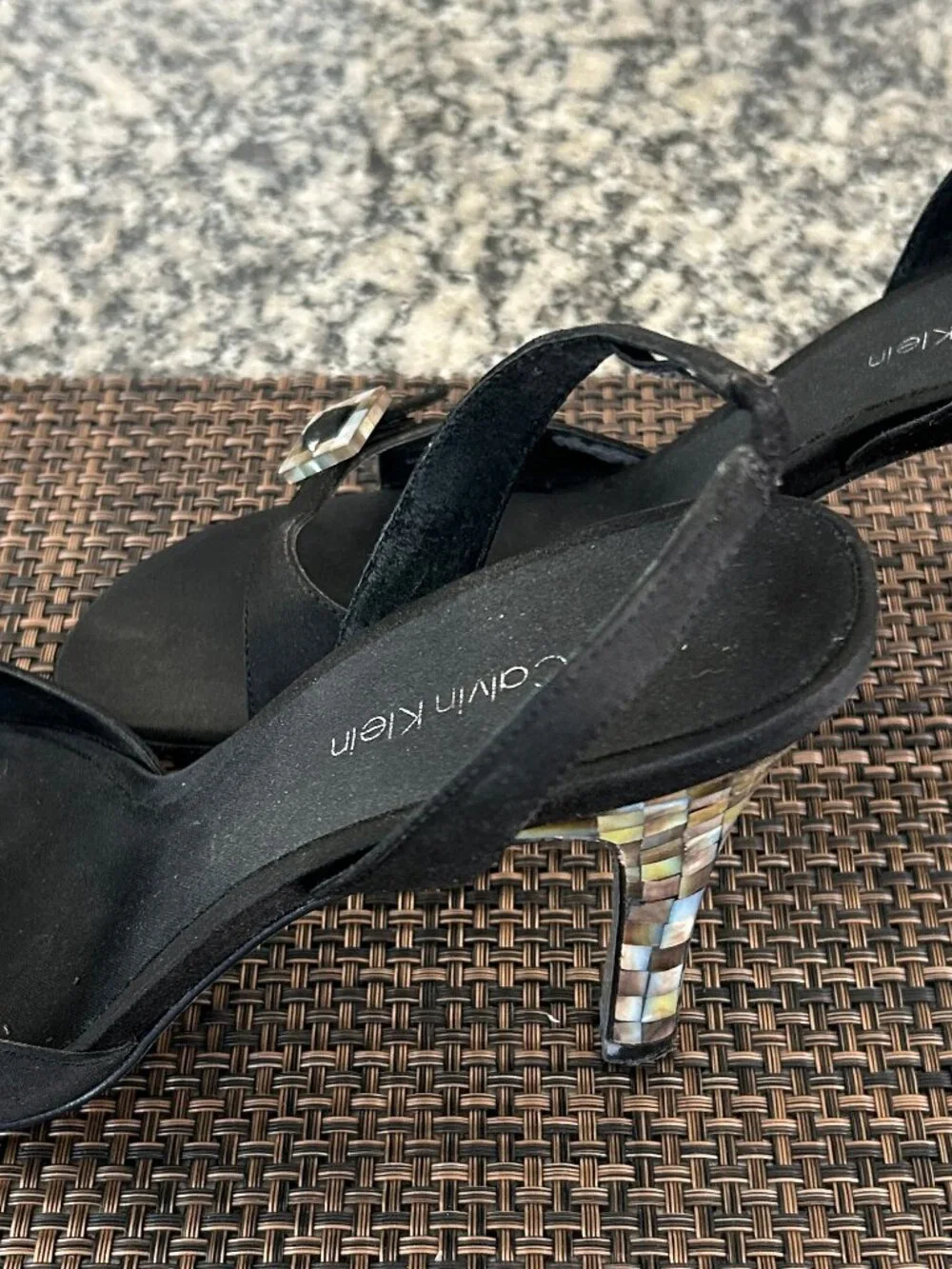 Calvin Klein Black Satin Slingback Sandals with Mosaic Shell Heel - Size 8.5